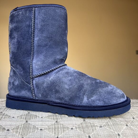UGG Classic Short Swarovski Crystal Bow Boot Blue Suede Women 6 Sheepskin Cozy - Picture 3 of 16